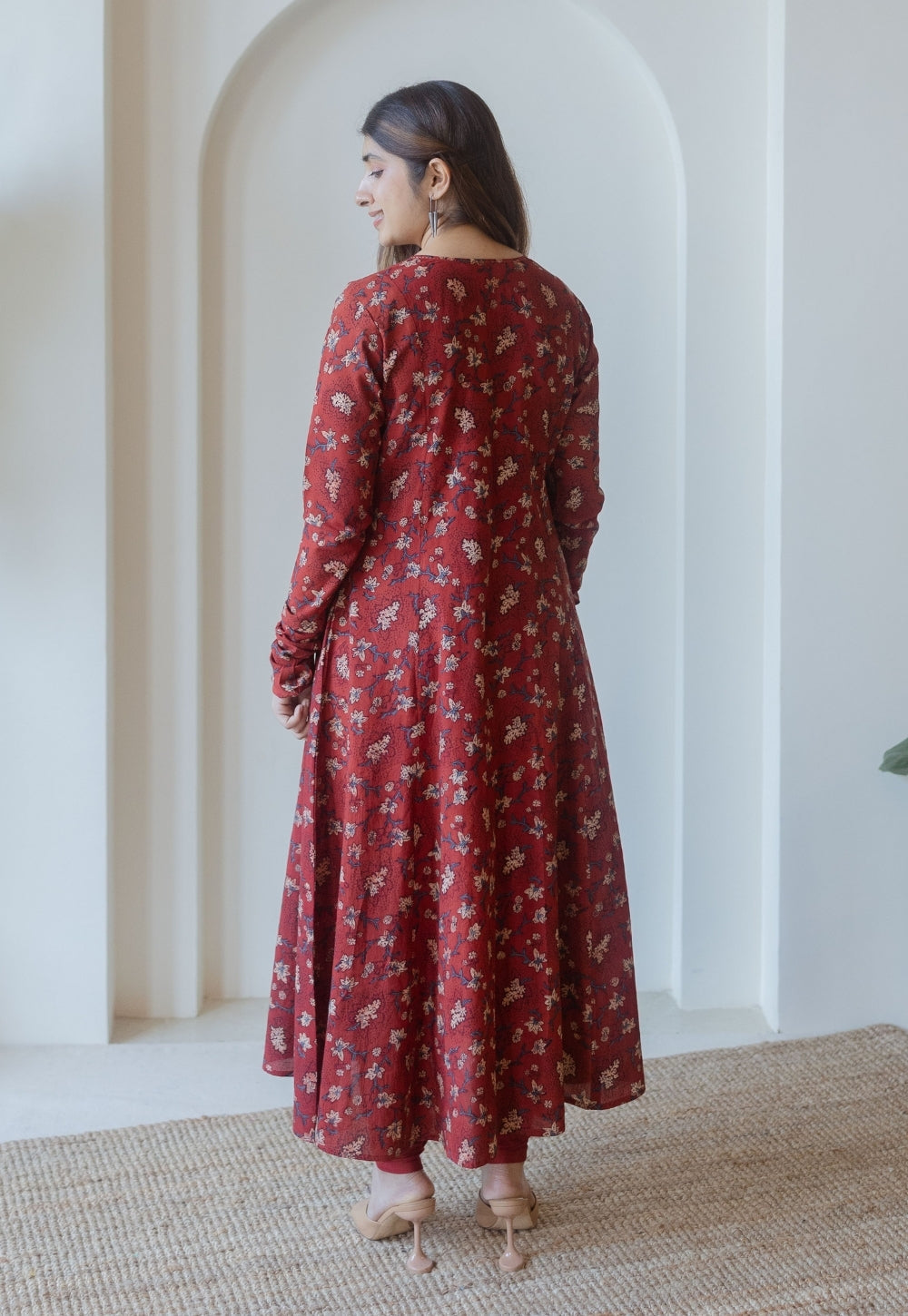 Shinat Red Ajrakh Cotton Kali Kurta with Hand Embroidery