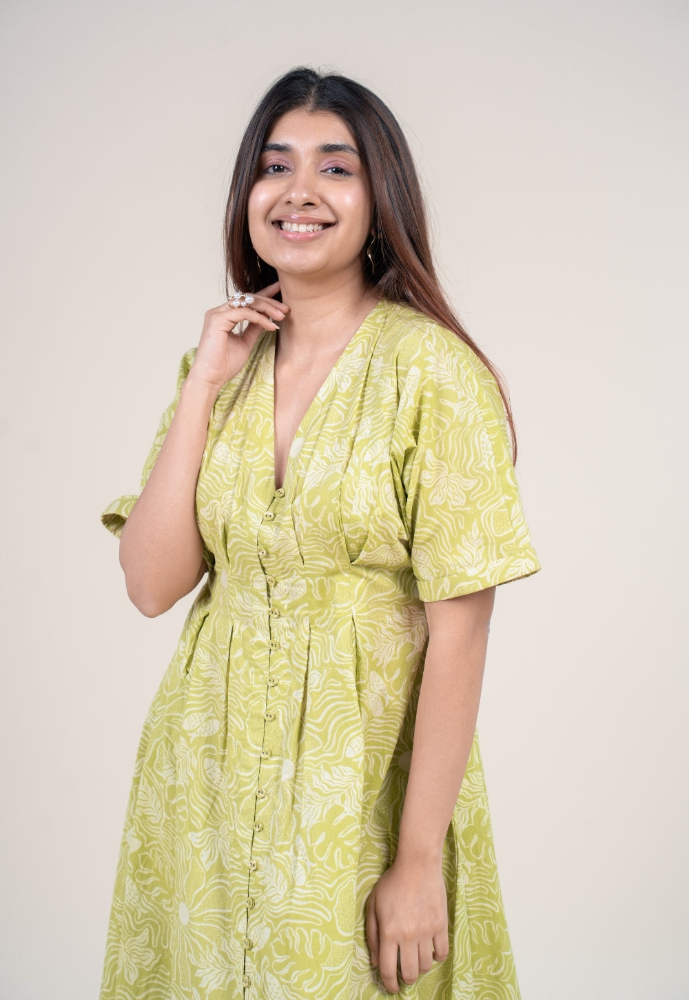 Reema Lime Green Printed Cotton A Line Dress