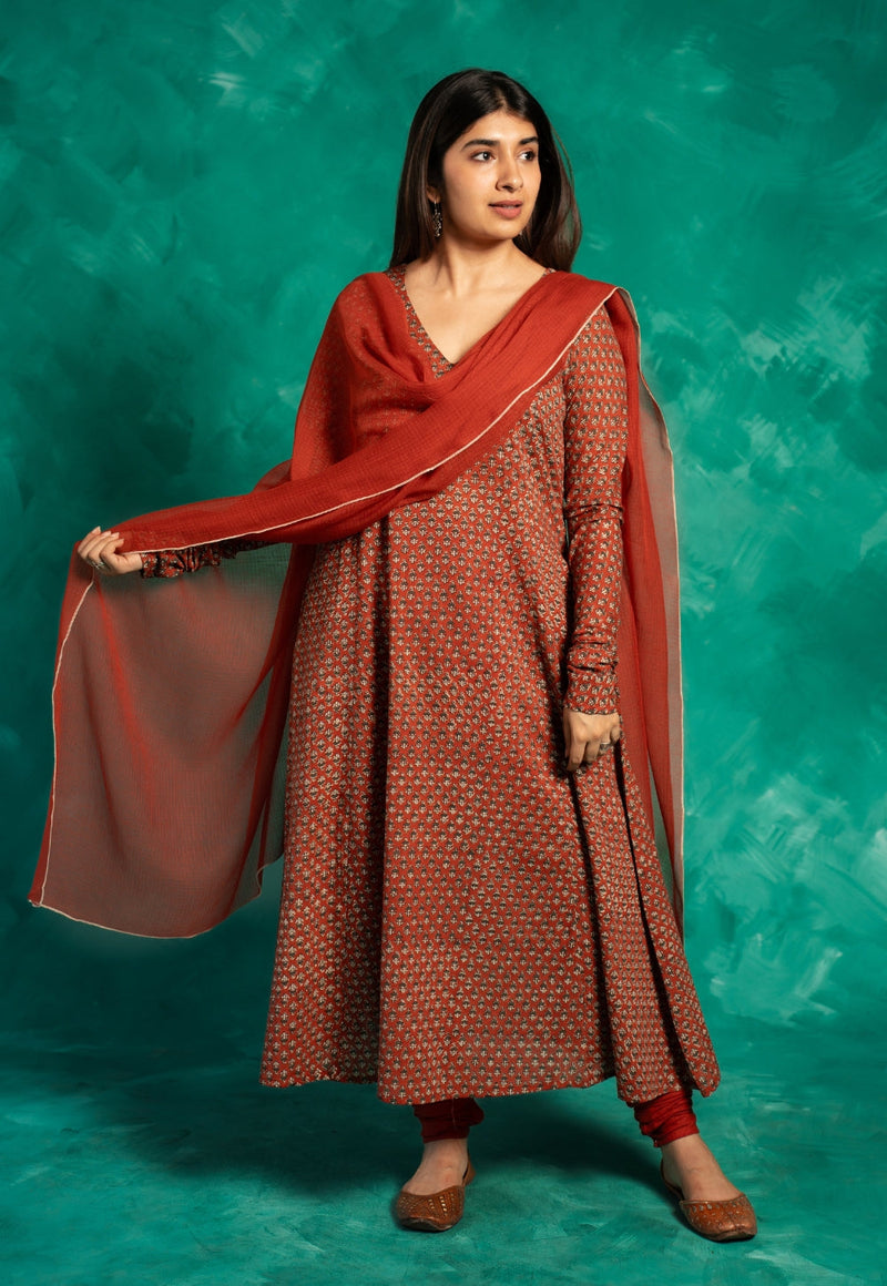 Huma Red Bagru Cotton Kali Kurta