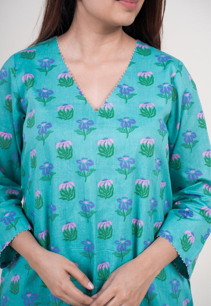 Reva Mint Green Printed Mul A Line Kurta with Hand Embroidery