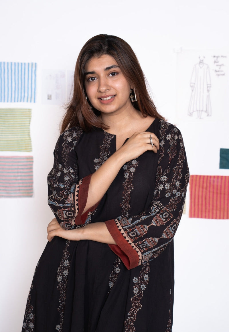 Prisha Black Ajrakh Cotton kali Kurta