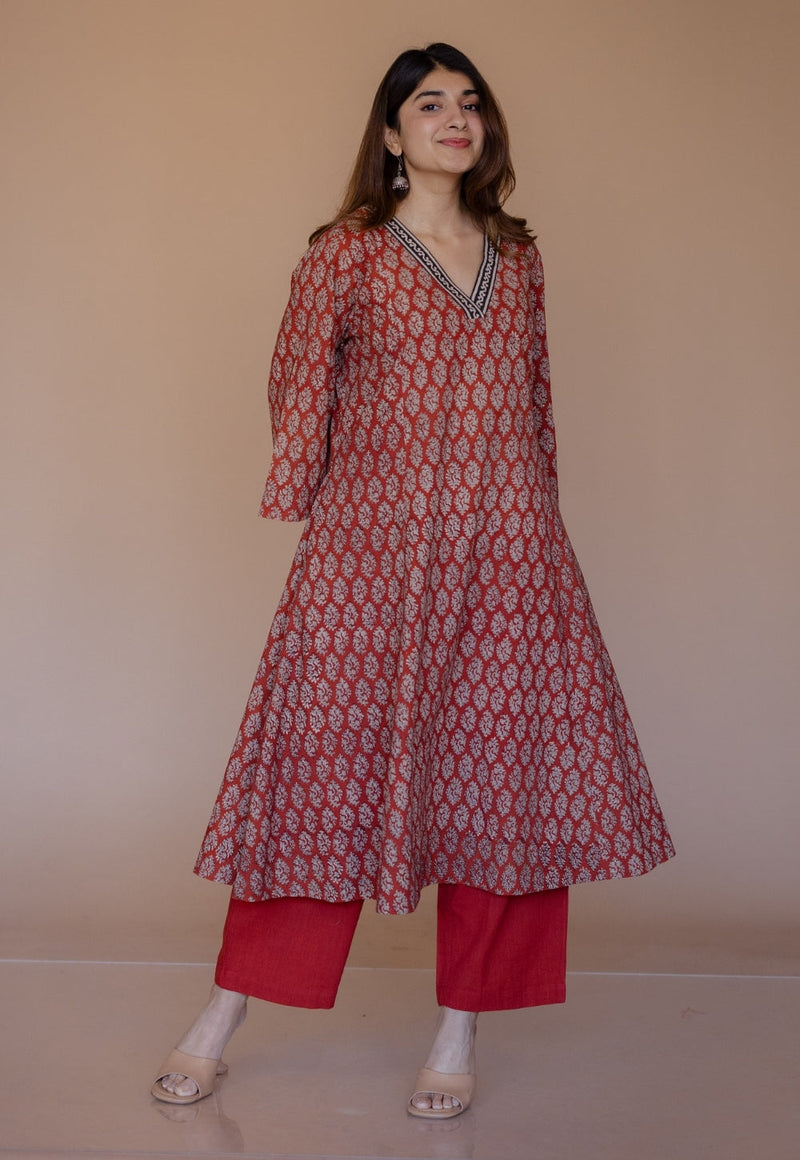 Sarah Red Bagru Cotton Kali Kurta