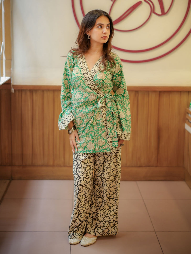Mint Pista Handblock Wrap Top & Palazzo Set for Women