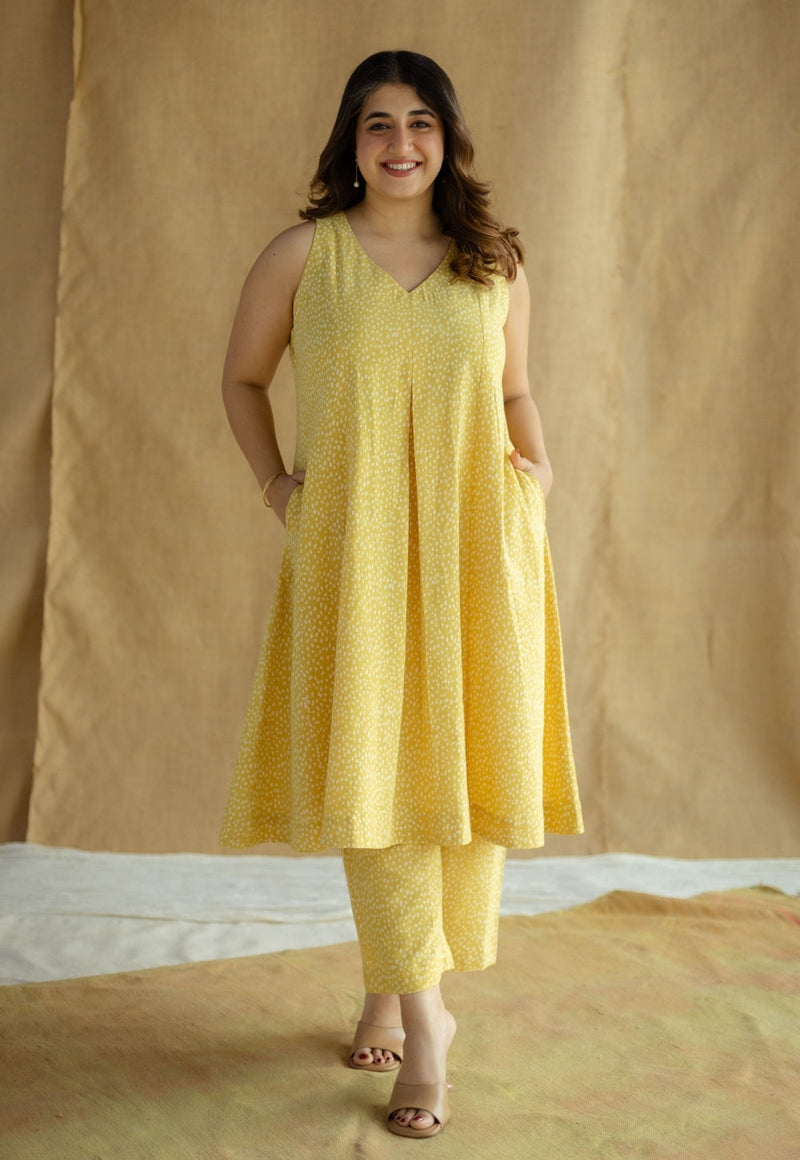Aziza Mustard Hand Block Print Slub Cotton A Line Kurta