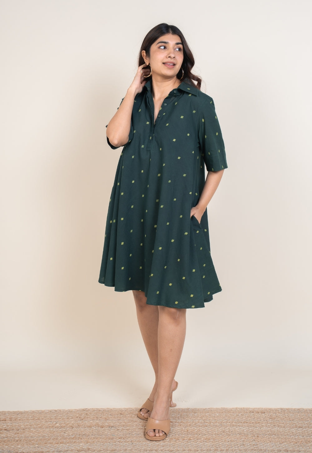 Srisha Green Dabu Cotton A Line Dress