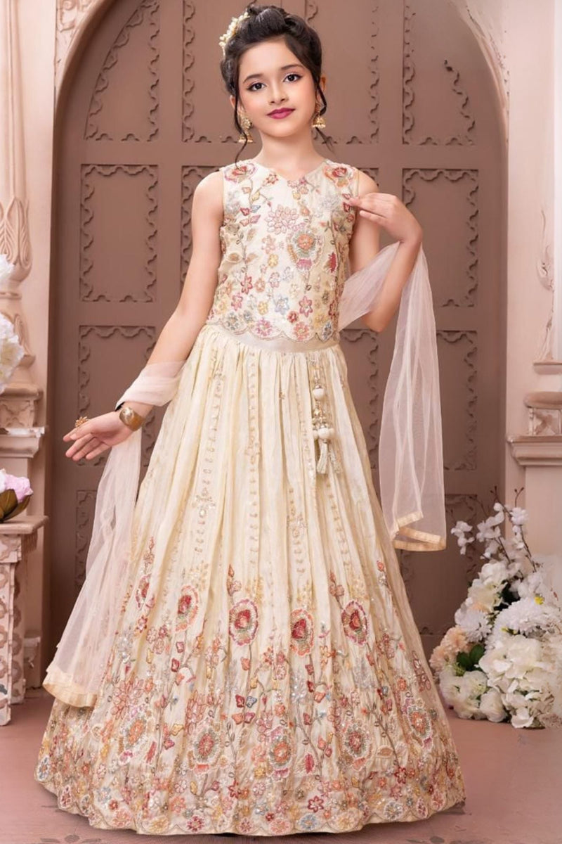 Cream Floral Embroidered Lehenga Choli with Dupatta for Girls