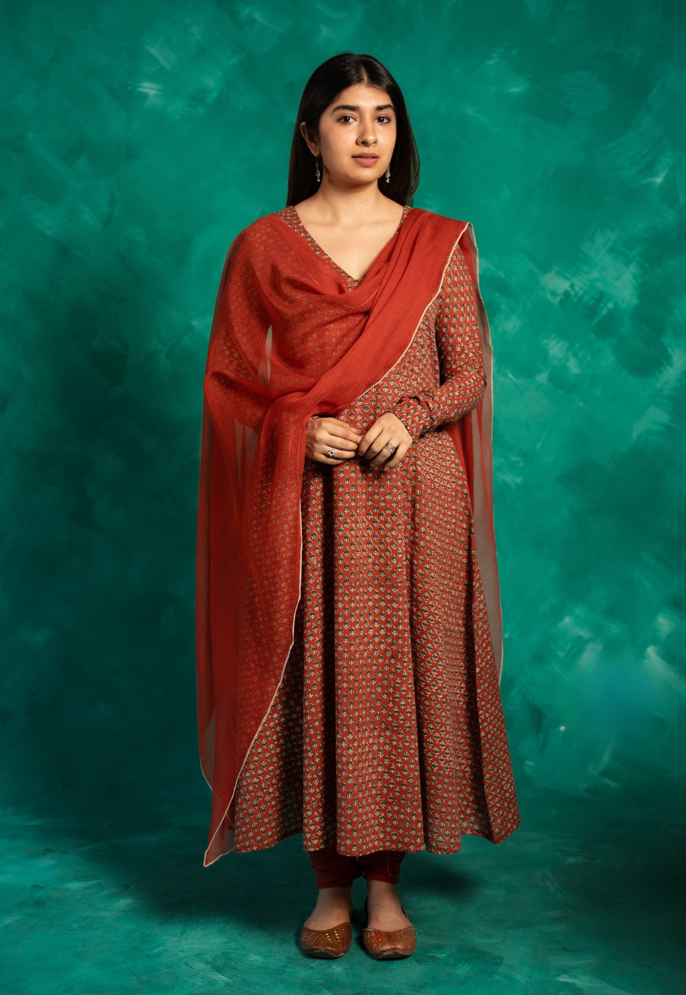 Huma Red Bagru Cotton Kali Kurta