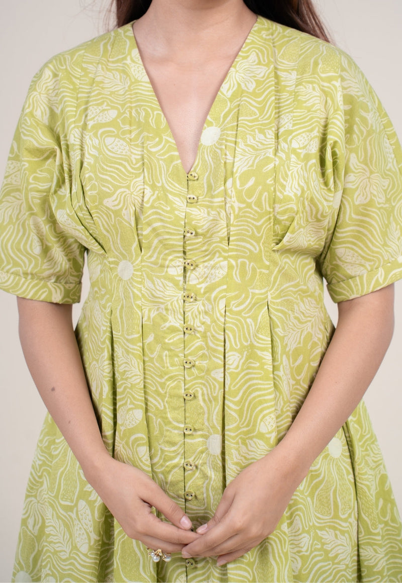 Reema Lime Green Printed Cotton A Line Dress
