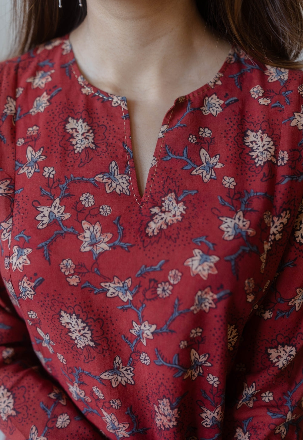 Shinat Red Ajrakh Cotton Kali Kurta with Hand Embroidery