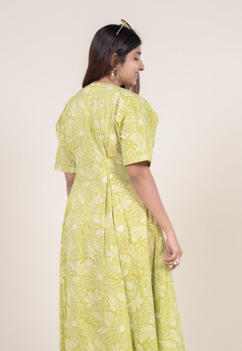 Reema Lime Green Printed Cotton A Line Dress