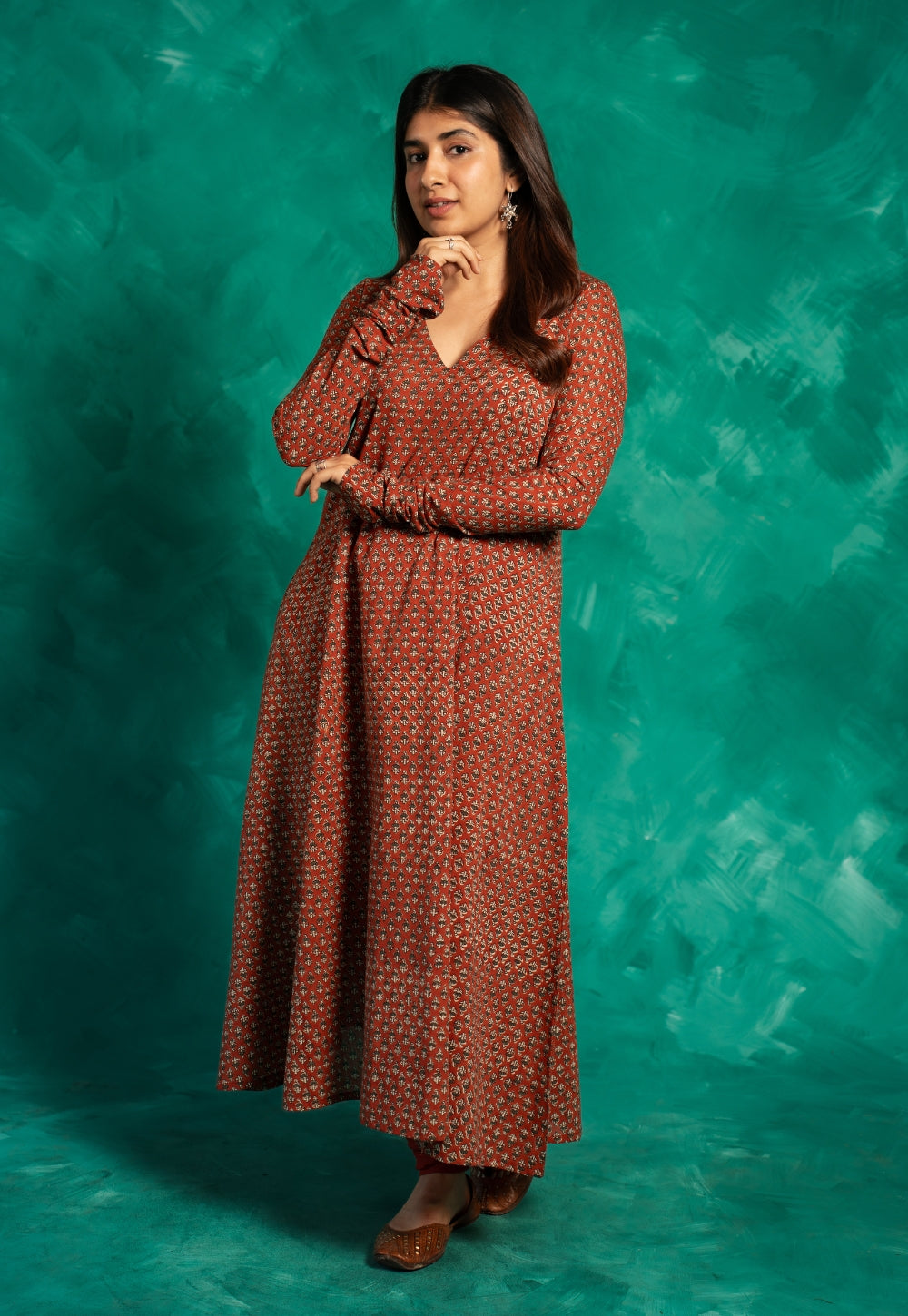 Huma Red Bagru Cotton Kali Kurta