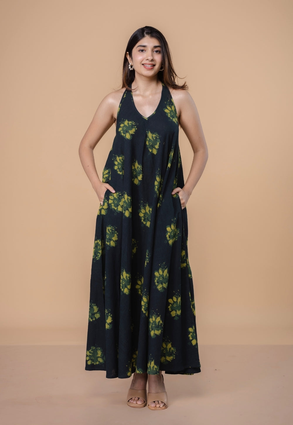 Tashi Green Dabu Slub Cotton A Line Dress