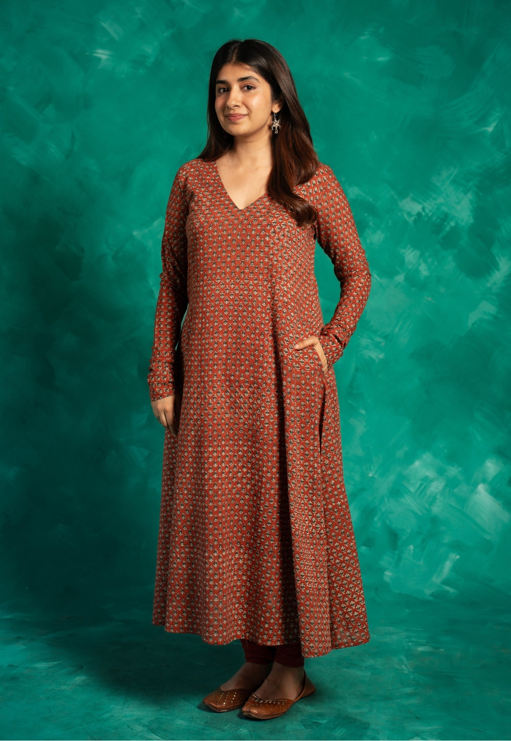 Huma Red Bagru Cotton Kali Kurta