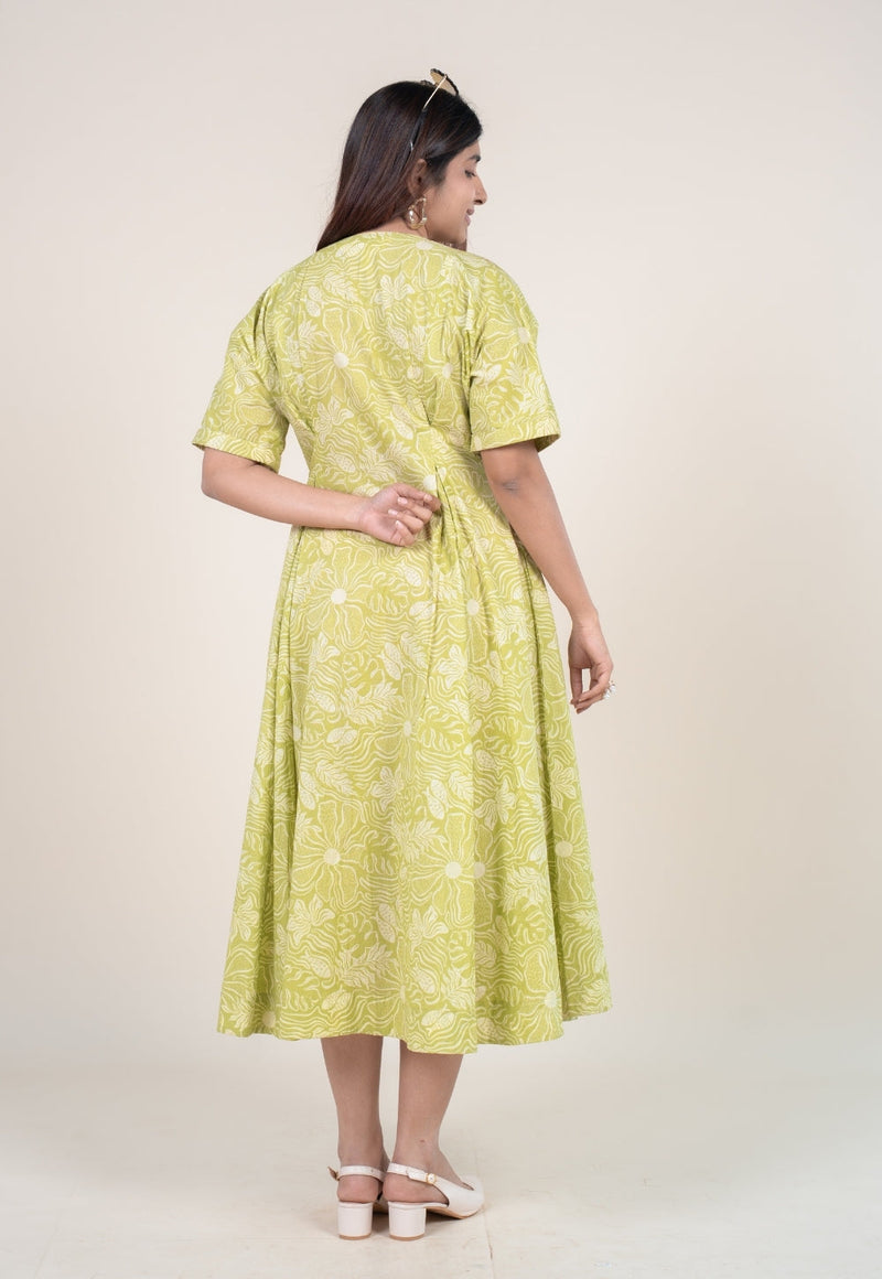Reema Lime Green Printed Cotton A Line Dress