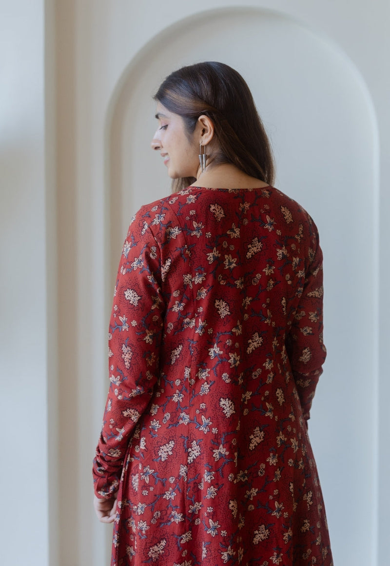 Shinat Red Ajrakh Cotton Kali Kurta with Hand Embroidery