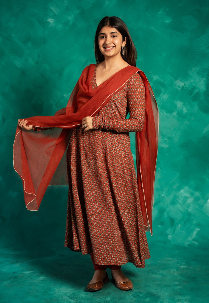 Huma Red Bagru Cotton Kali Kurta