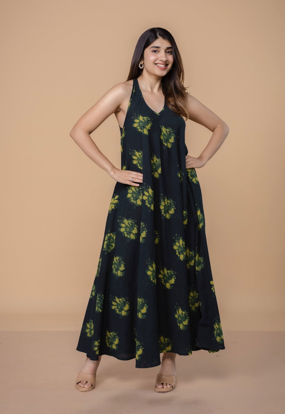 Tashi Green Dabu Slub Cotton A Line Dress