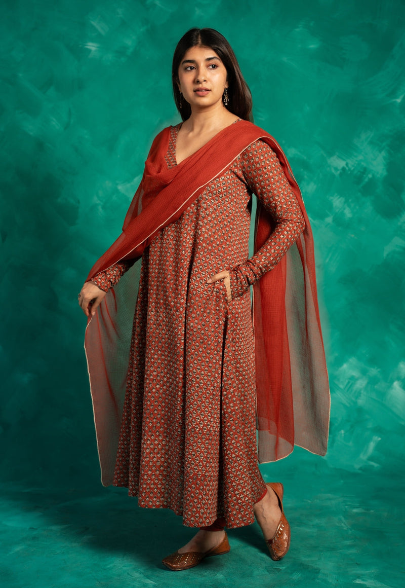 Huma Red Bagru Cotton Kali Kurta