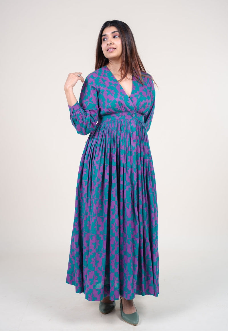Kimaya Electric Blue Printed Mul A Line Dress