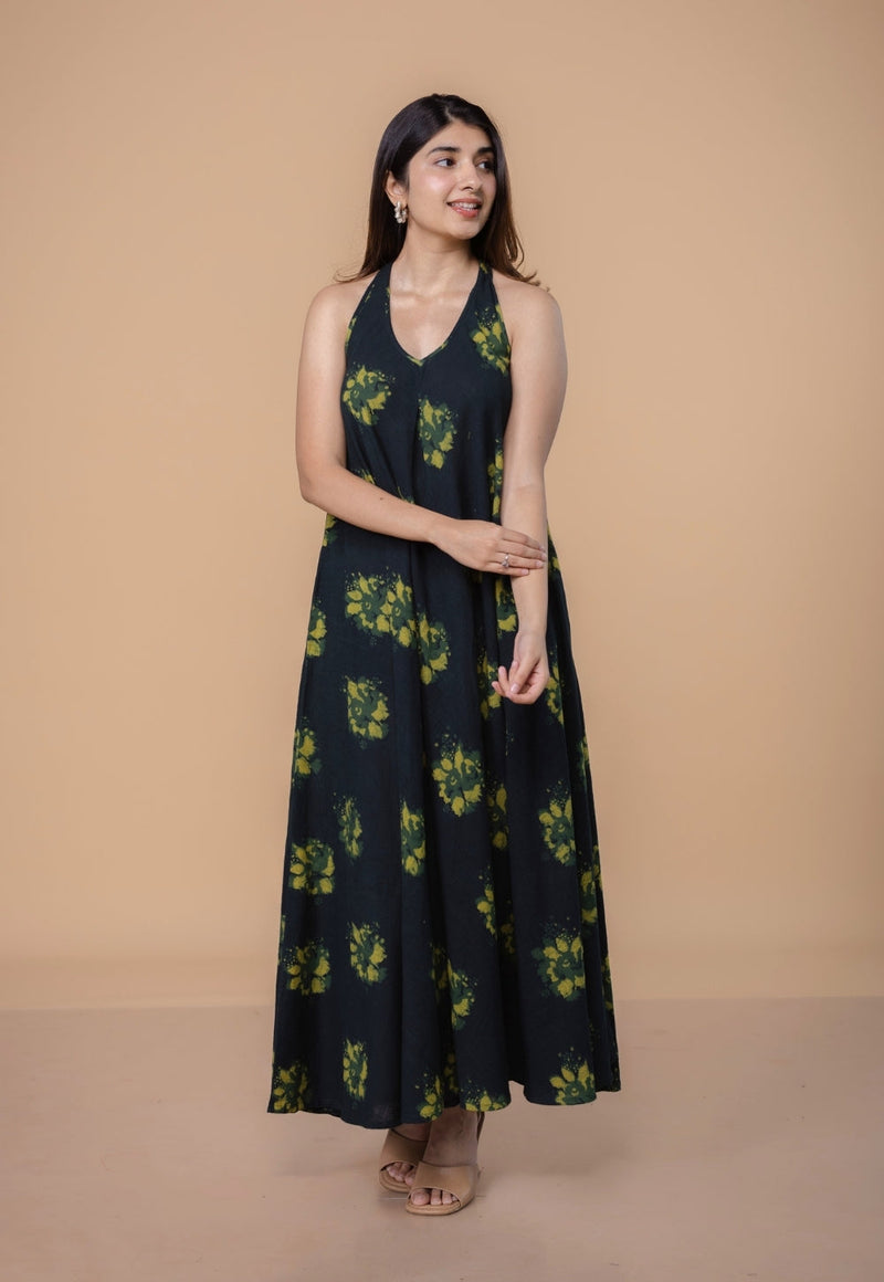 Tashi Green Dabu Slub Cotton A Line Dress
