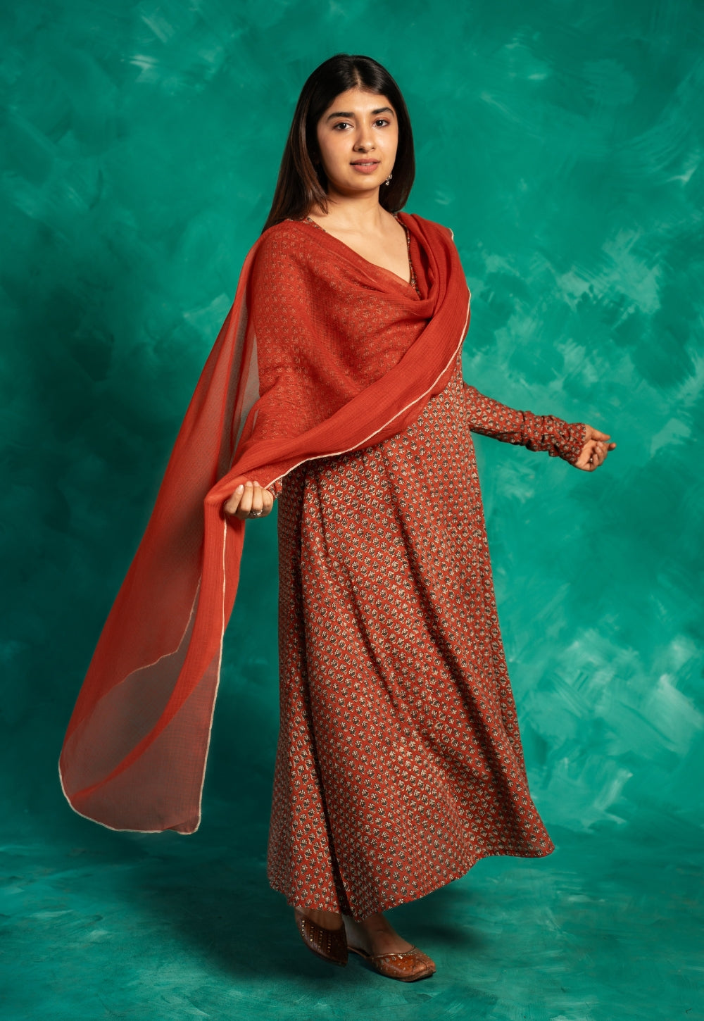 Huma Red Bagru Cotton Kali Kurta