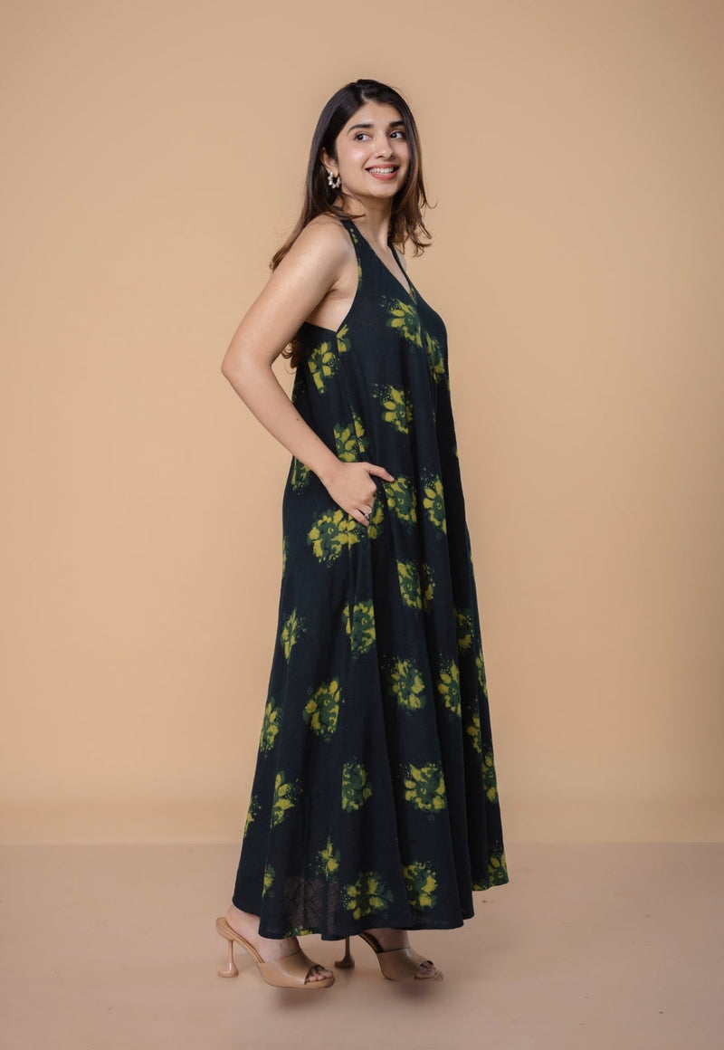 Tashi Green Dabu Slub Cotton A Line Dress