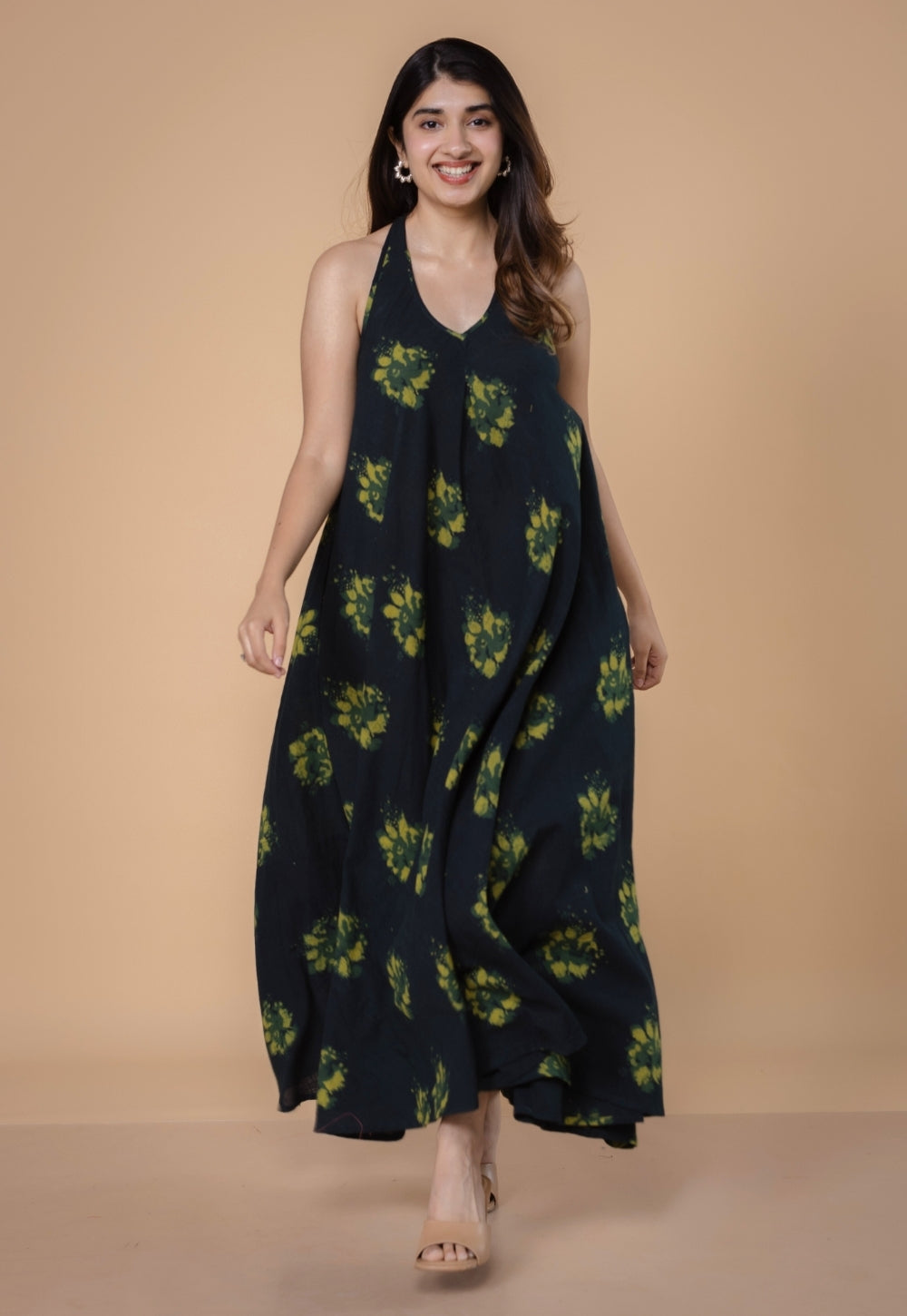 Tashi Green Dabu Slub Cotton A Line Dress