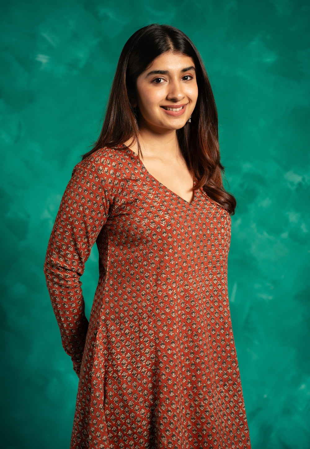 Huma Red Bagru Cotton Kali Kurta