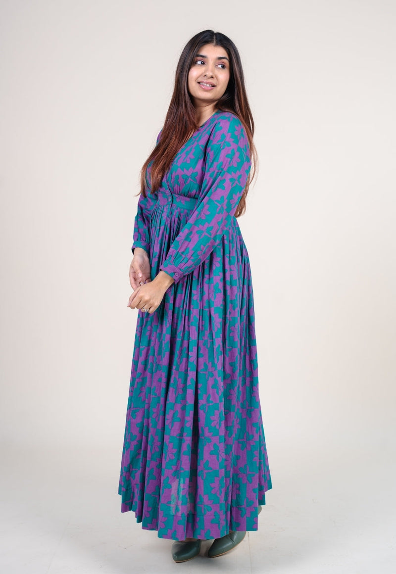 Kimaya Electric Blue Printed Mul A Line Dress