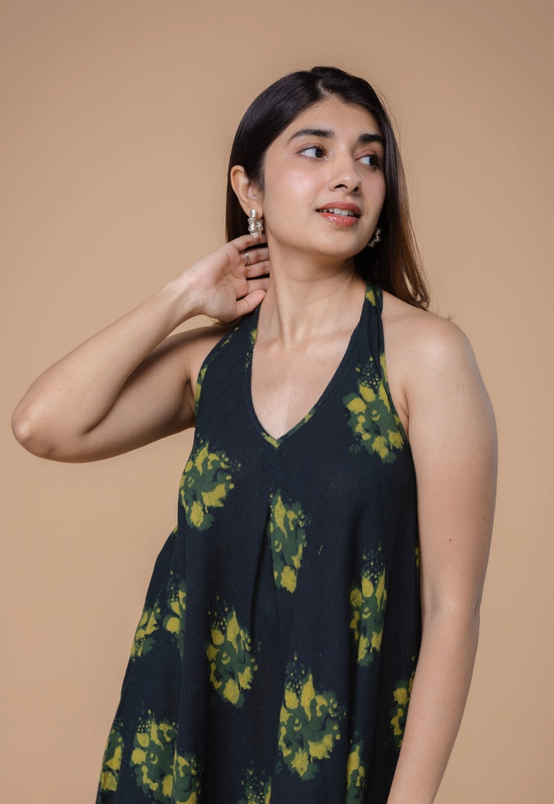 Tashi Green Dabu Slub Cotton A Line Dress