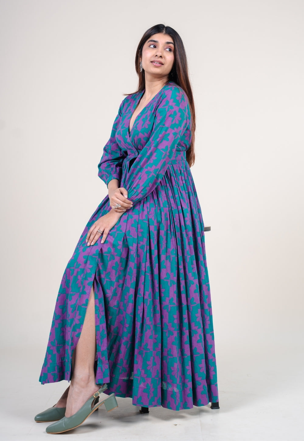 Kimaya Electric Blue Printed Mul A Line Dress