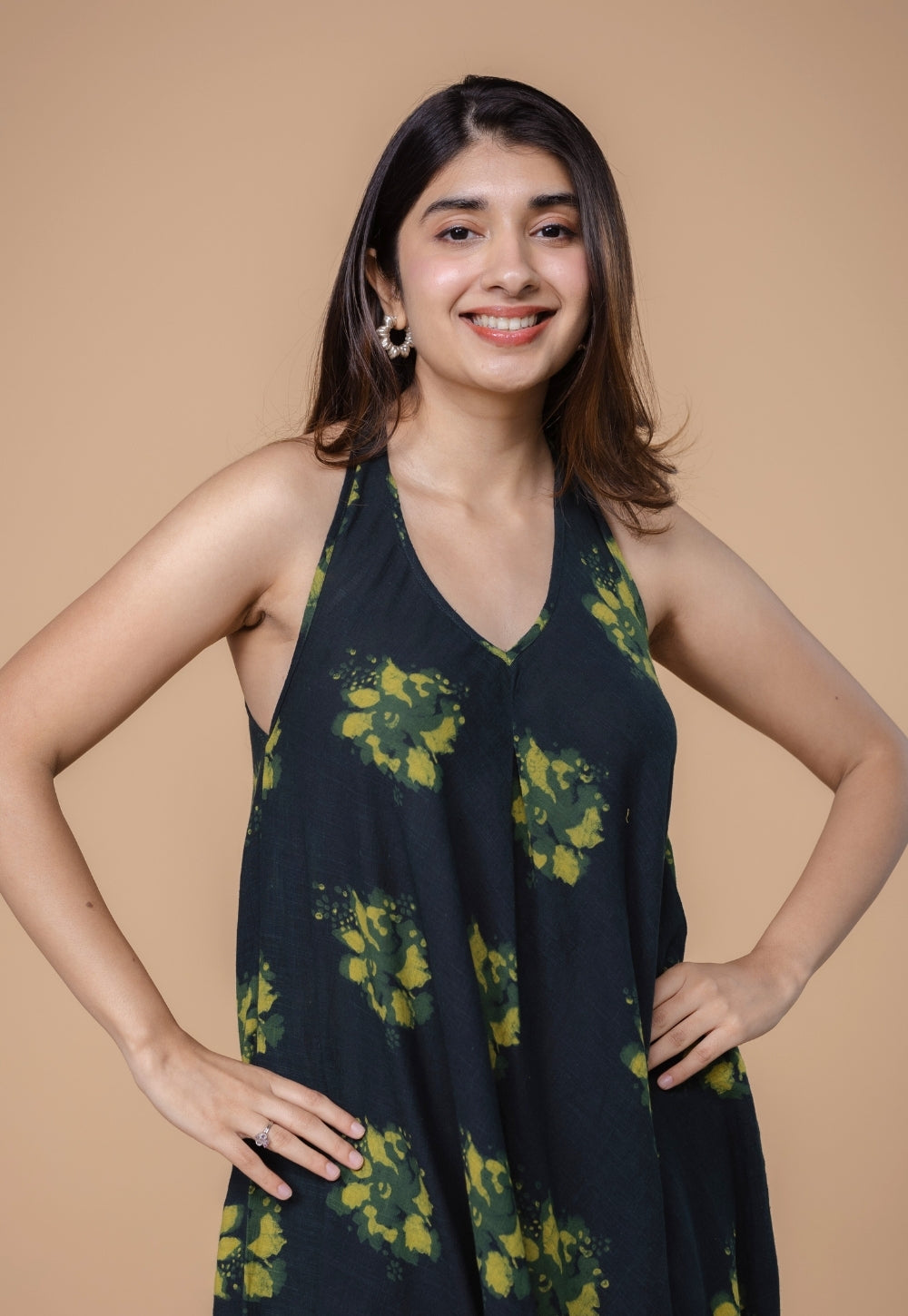 Tashi Green Dabu Slub Cotton A Line Dress