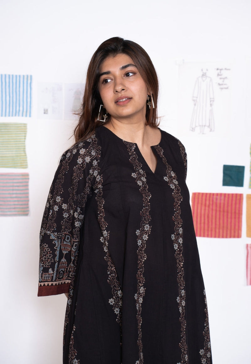 Prisha Black Ajrakh Cotton kali Kurta