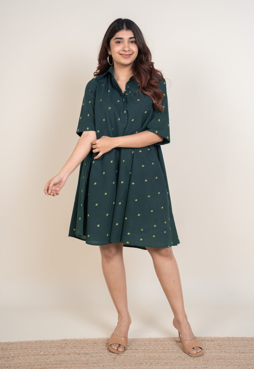 Srisha Green Dabu Cotton A Line Dress