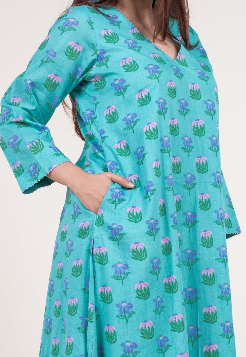 Reva Mint Green Printed Mul A Line Kurta with Hand Embroidery