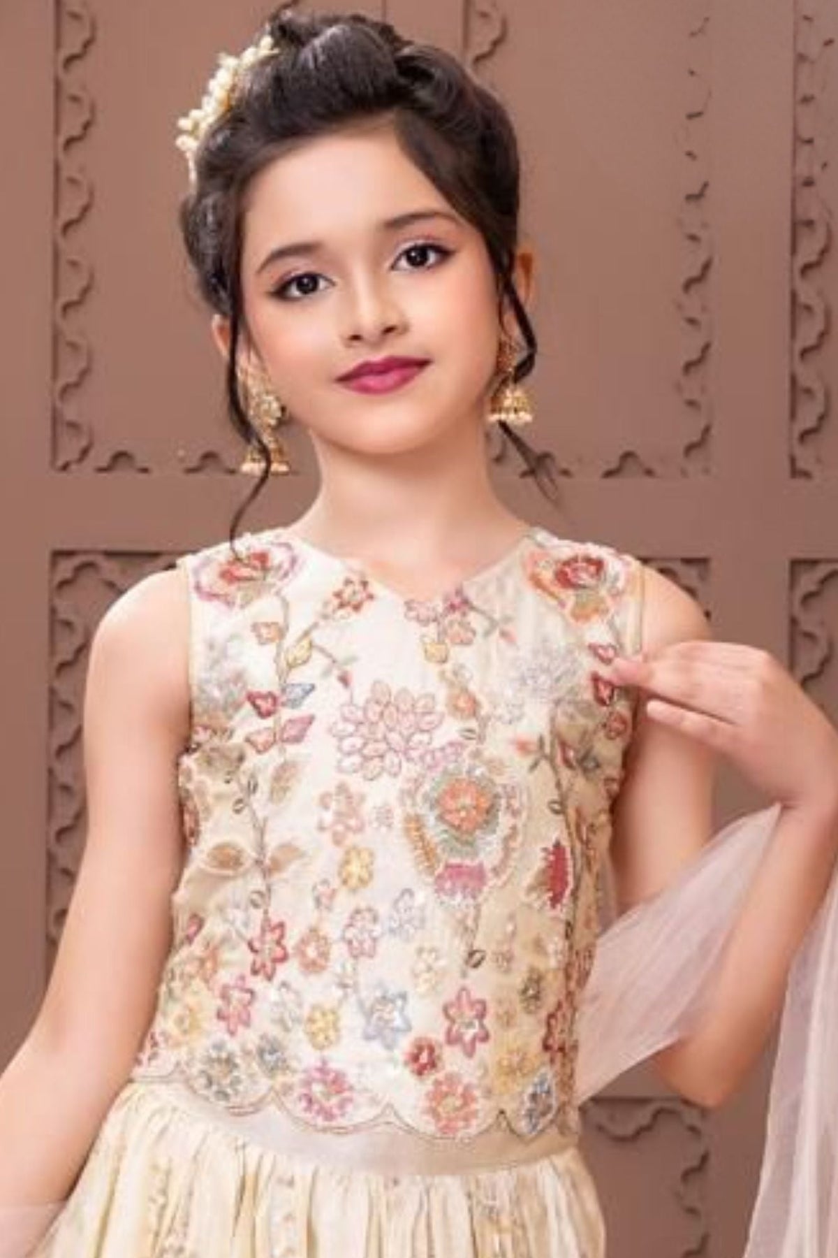 Cream Floral Embroidered Lehenga Choli with Dupatta for Girls