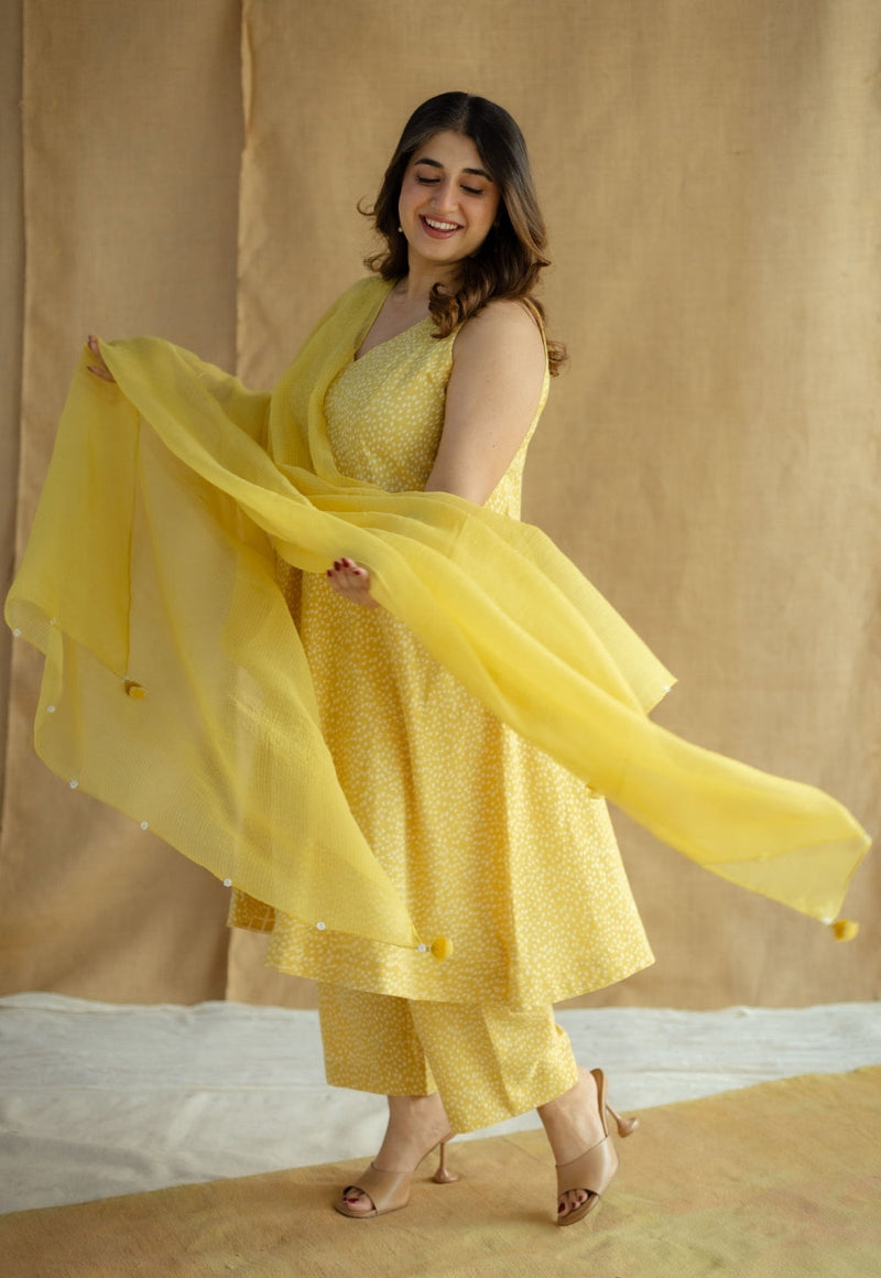 Aziza Mustard Hand Block Print Slub Cotton A Line Kurta