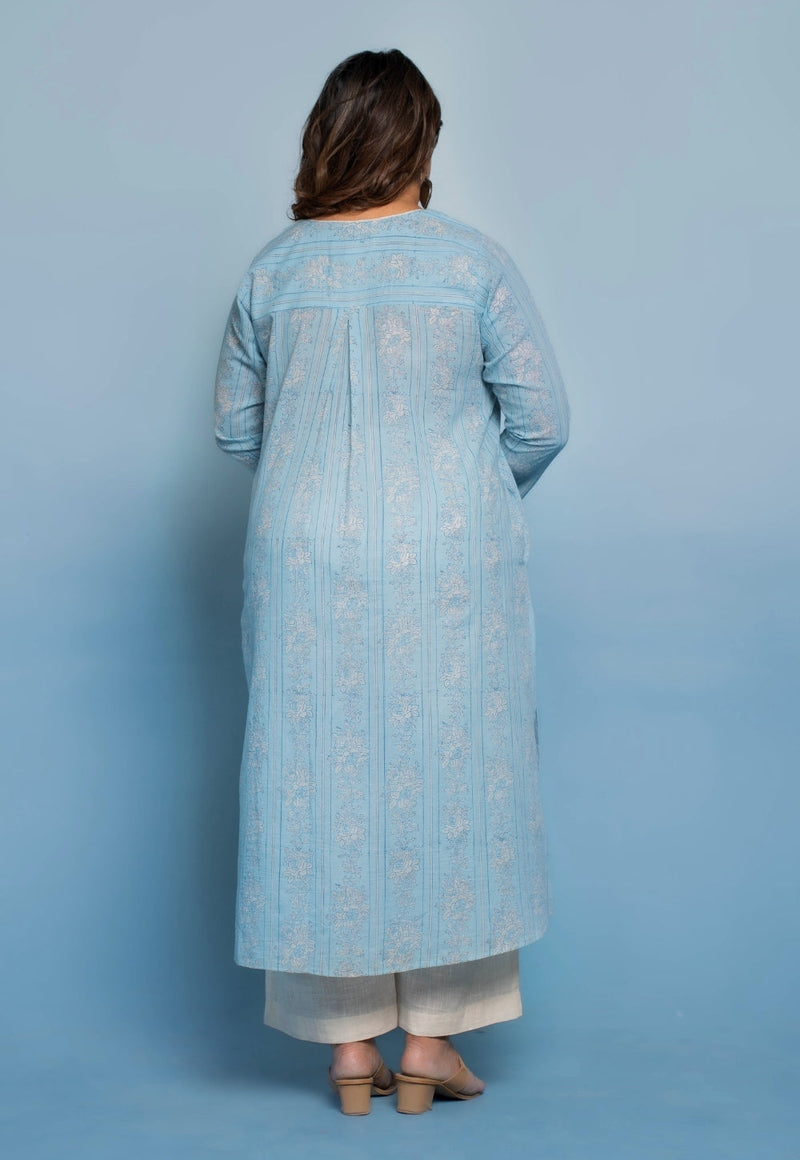Raila Blue Dabu Mul Cotton Straight Kurta