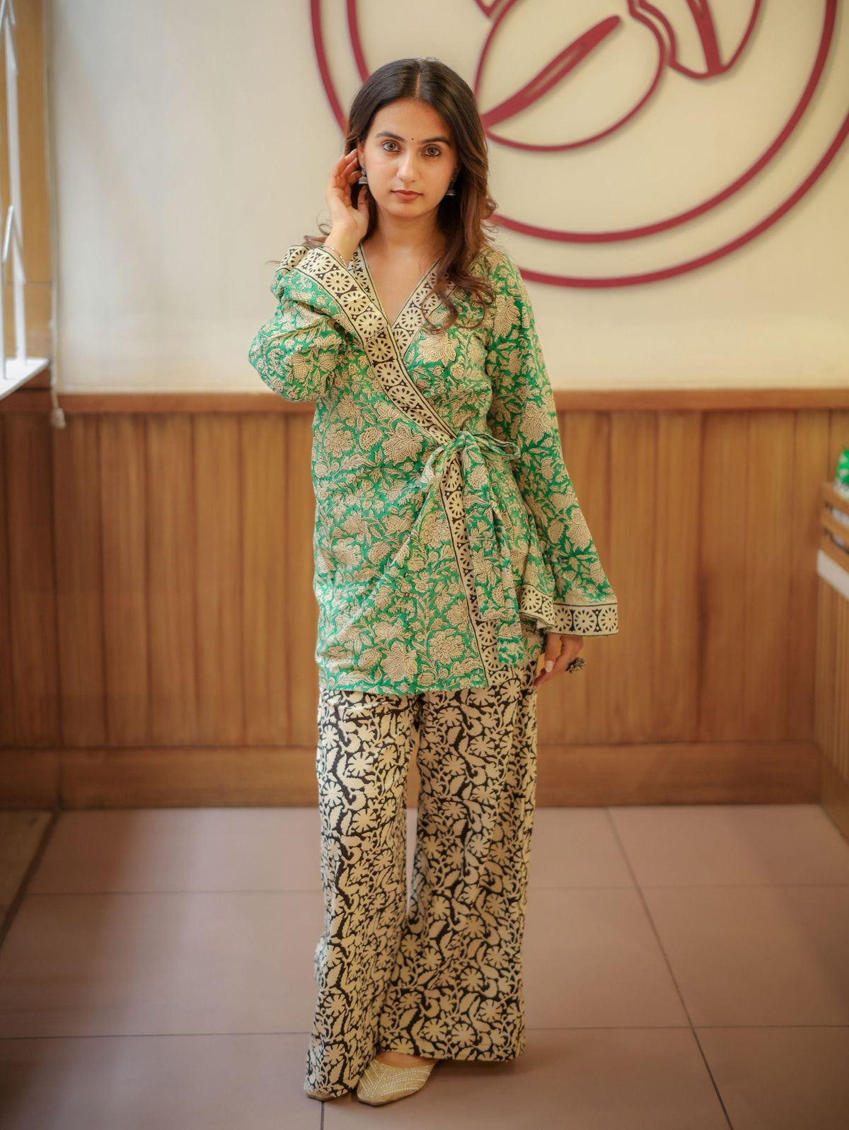 Mint Pista Handblock Wrap Top & Palazzo Set for Women