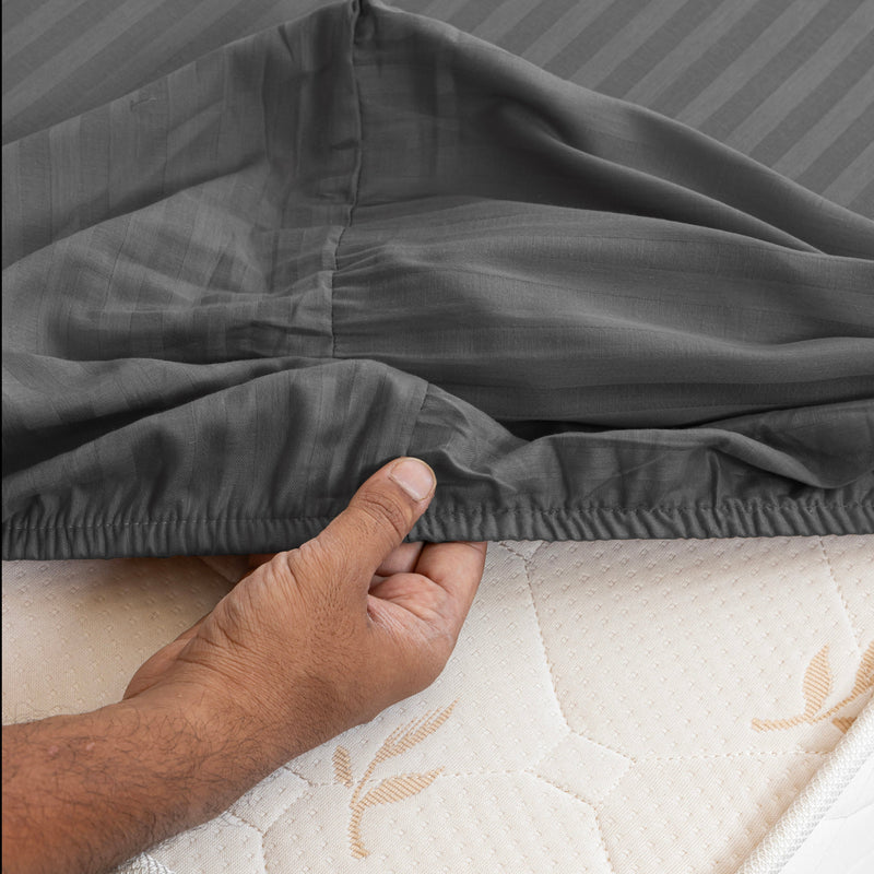 Breton Drift - Satin Stripes Fitted Bedsheet (Grey)-3