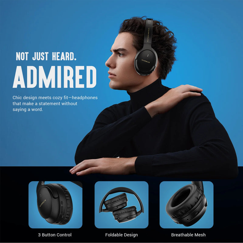 Hammer Bash Vivid ANC Wireless Bluetooth Over-Ear Headphones with 23 dB 70h Playtime, Type-C Fast Charging, Foldable Black-7