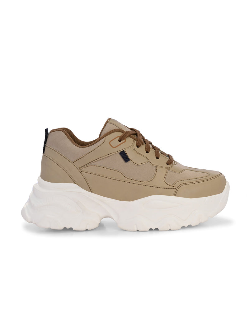 EL PASO Women Beige Faux Leather Casual Lace Up Sneakers-2