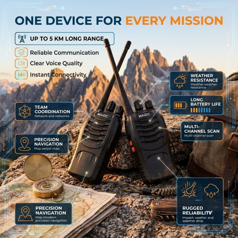 Maizic Smarthome Portable Walkie Talkie Set | 5 KM Long Range Two-Way Radio | 16 Channel 27MHz CB Radio | Rechargeable Handheld Communication Device for Security, Hiking & Travel (Black, Pack of 2)