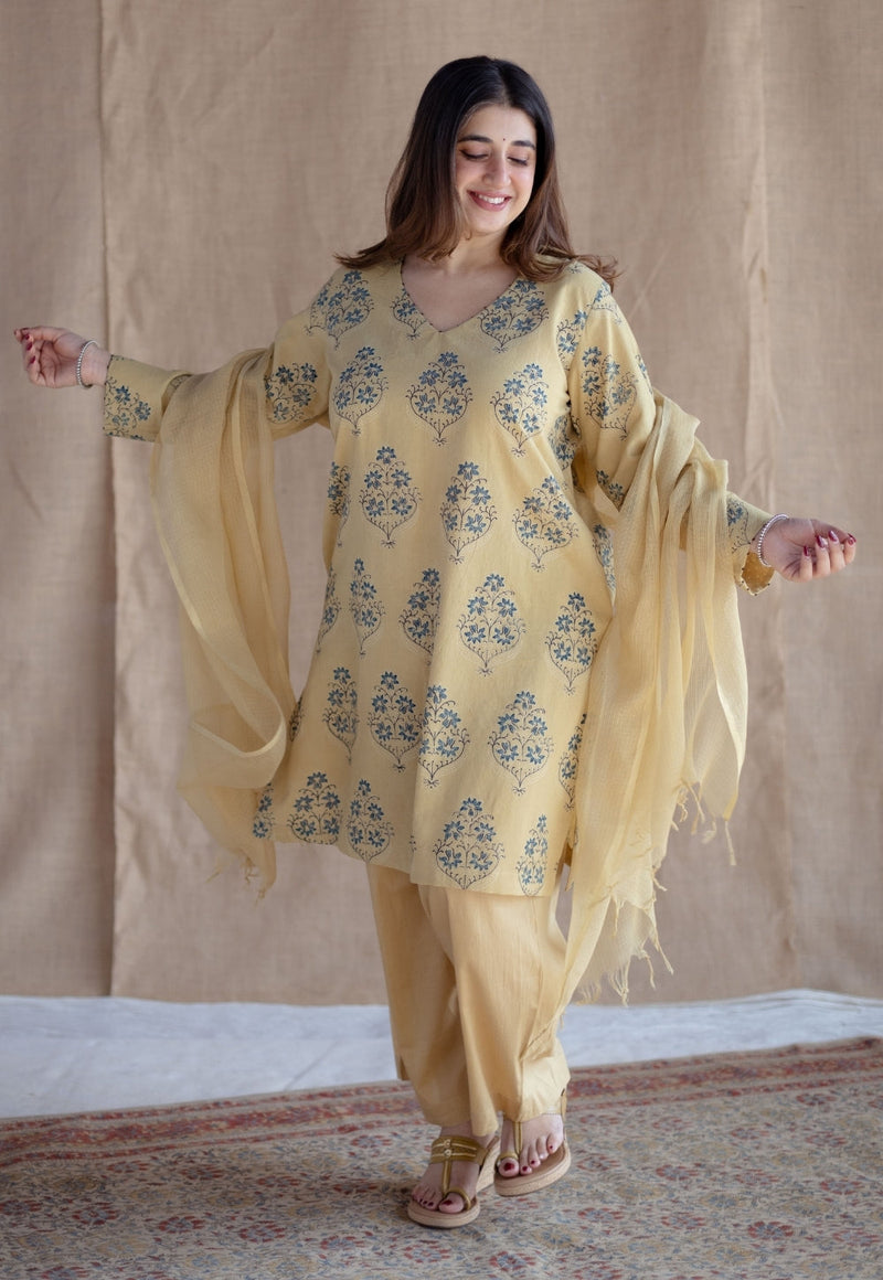 Kavya Yellow Ajrakh Cotton Straight Kurta with Hand Embroidery