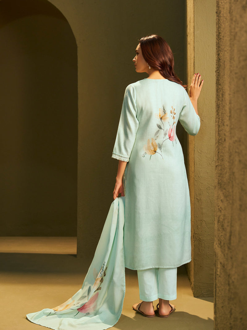 Charvi Sea Green Linen Printed Set