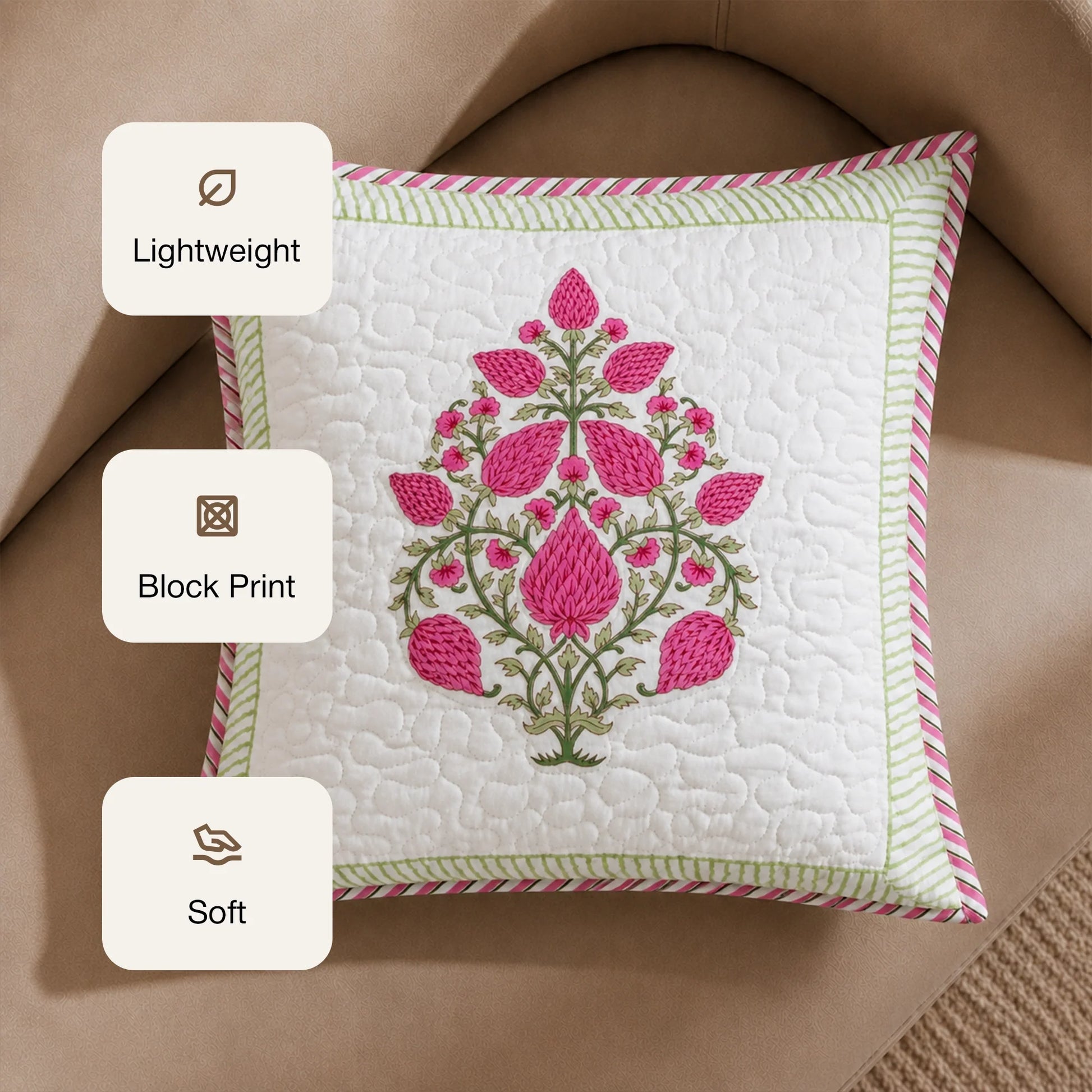 Ombre Berry - Hand Block Print Quilted Cushion Cover (Pink)-3