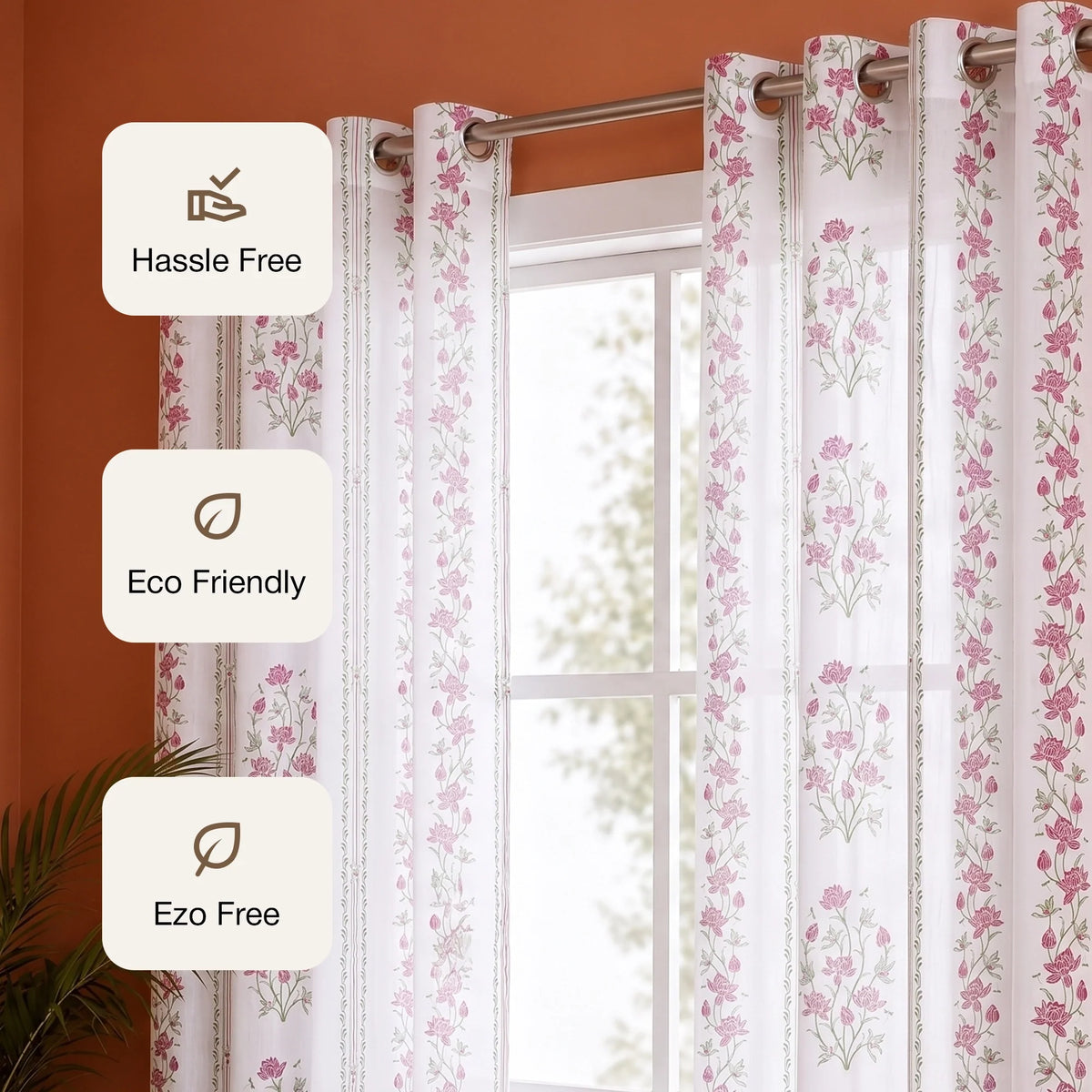 Pink Floral Petal Stripe Eyelet Printed duck Curtain-3