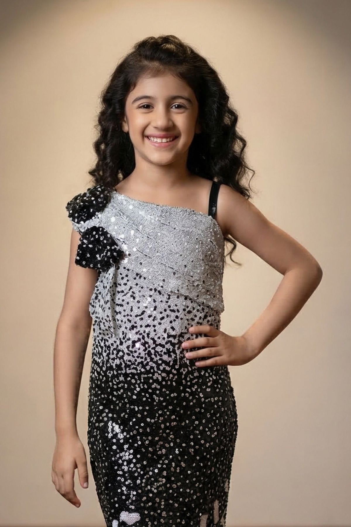 Black One-Shoulder Sequin Embellished Mermaid Gown For Girls
