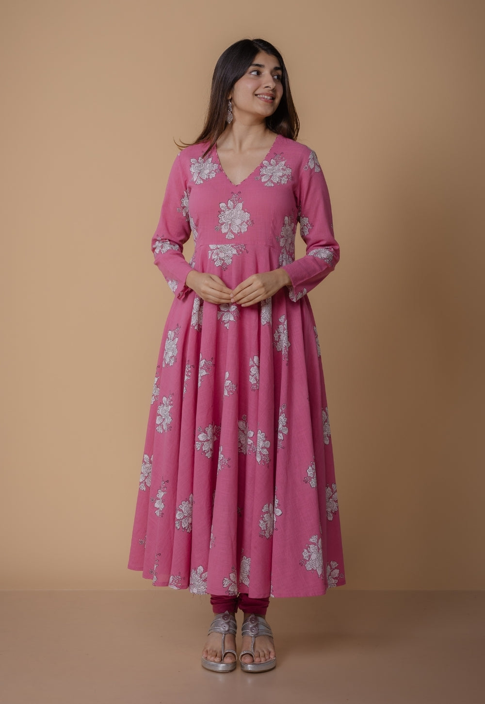 Ruvika Pink Dabu Slub Cotton A Line Kurta