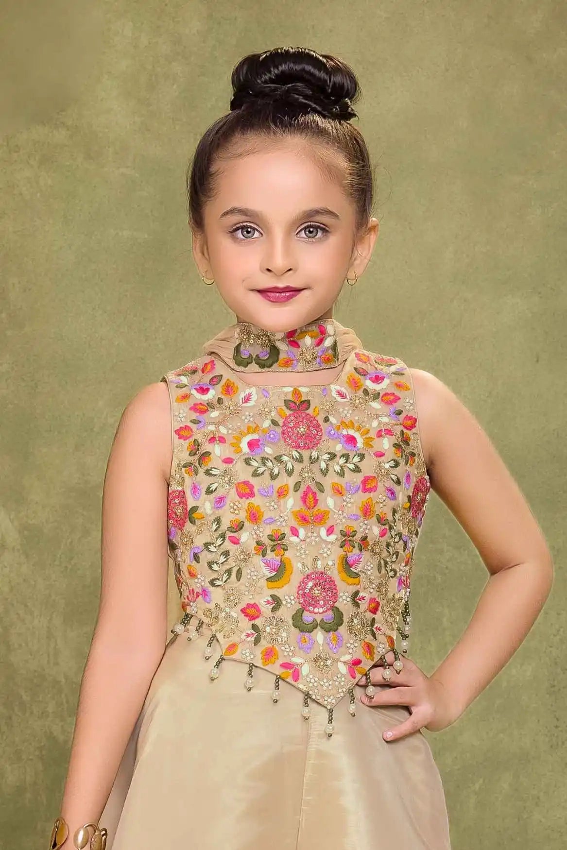 Fawn Sequins Work With Thread Embroidery Palazzo Set For Girls
